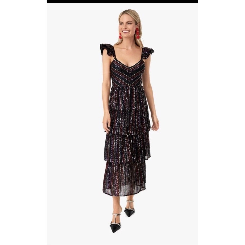 SAYLOR Sequined Quintana Tiered Textured Midi Dress Black Womens Size S